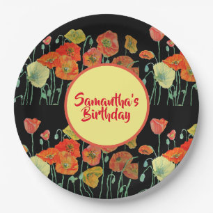Orange Yellow Black Poppy Poppies Flower Birthday Paper Plate