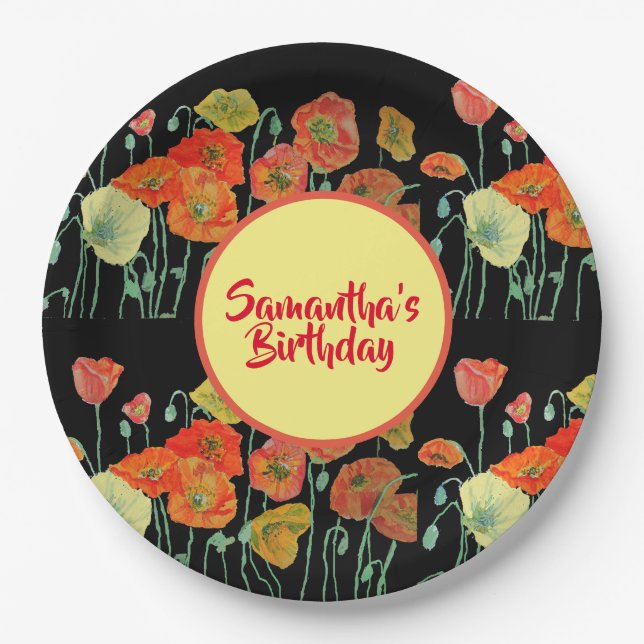 Orange Yellow Black Poppy Poppies Flower Birthday Paper Plate (Front)