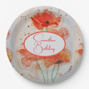 Orange Yellow Black Poppy Poppies Flower Birthday Paper Plate