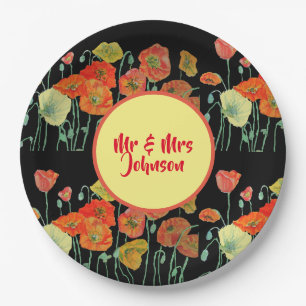Orange Yellow Black Poppy Poppies Flower Wedding  Paper Plate