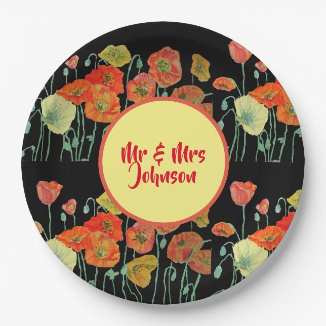 Orange Yellow Black Poppy Poppies Flower Wedding  Paper Plate (Front)