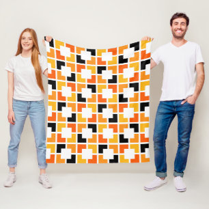 Orange Yellow Black Squares geometric pattern Fleece Blanket