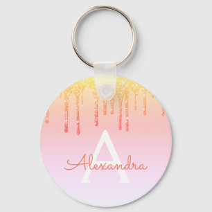 Orange Yellow Bling Sparkle Glitter Monogram Key Ring
