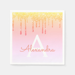 Orange Yellow Bling Sparkle Glitter Monogram Napkin