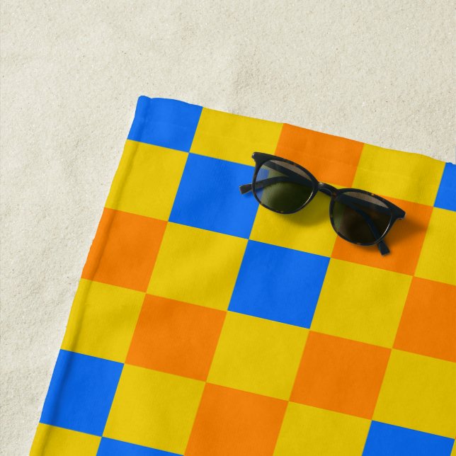 Orange Yellow Blue Checkered Pattern Design  Beach Towel (In Situ)