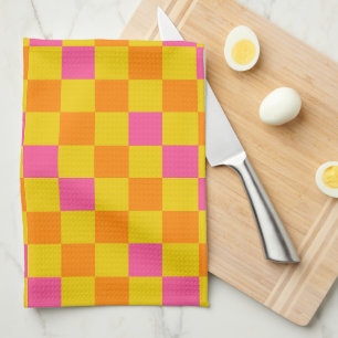 Orange Yellow Blue Checkered Pattern Design  Tea Towel