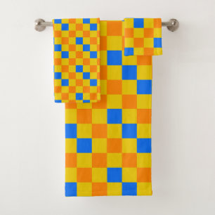 Orange Yellow Blue Chequered Pattern Design  Bath Towel Set