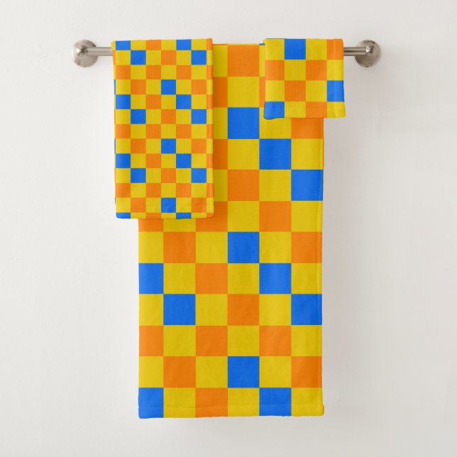 Orange Yellow Blue Chequered Pattern Design  Bath Towel Set (Insitu)