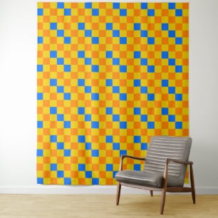 Orange Yellow Blue Chequered Pattern Design  Tapestry