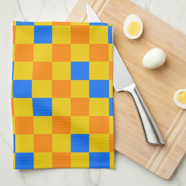 Orange Yellow Blue Chequered Pattern Design  Tea Towel (Quarter Fold)