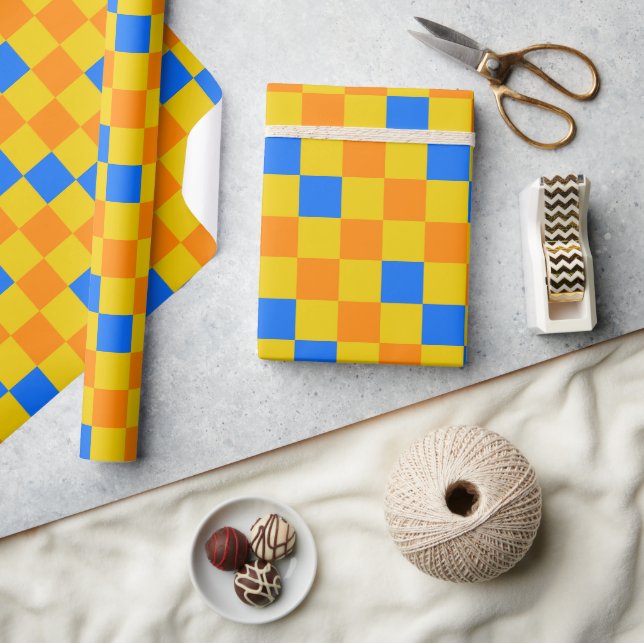 Orange Yellow Blue Chequered Pattern Design  Wrapping Paper (Crafts)