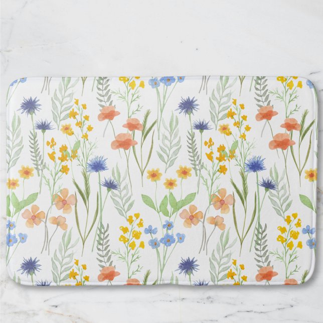 Orange Yellow Blue Watercolor Wildflower Bath Mat (Creator Uploaded)