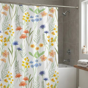 Orange Yellow Blue Watercolor Wildflower Shower Curtain