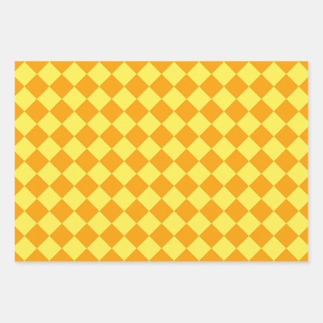 Orange Yellow Chequered Diamond Pattern Wrapping Paper Sheet (Front)