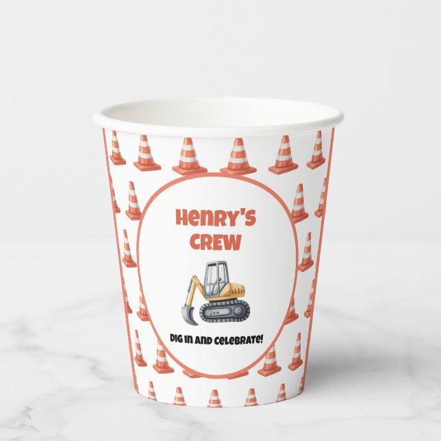 Orange Yellow Construction Cone Digger Name  Paper Cups (Front)
