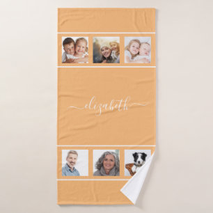 Orange yellow custom photo collage monogram script bath towel