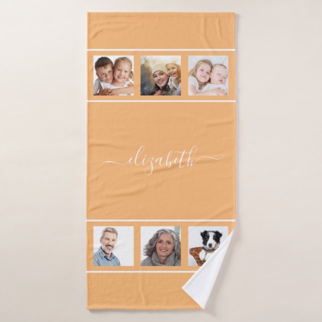 Orange yellow custom photo collage monogram script bath towel (Bath Towel)