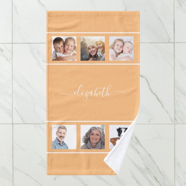 Orange yellow custom photo collage monogram script hand towel (Creator Uploaded)