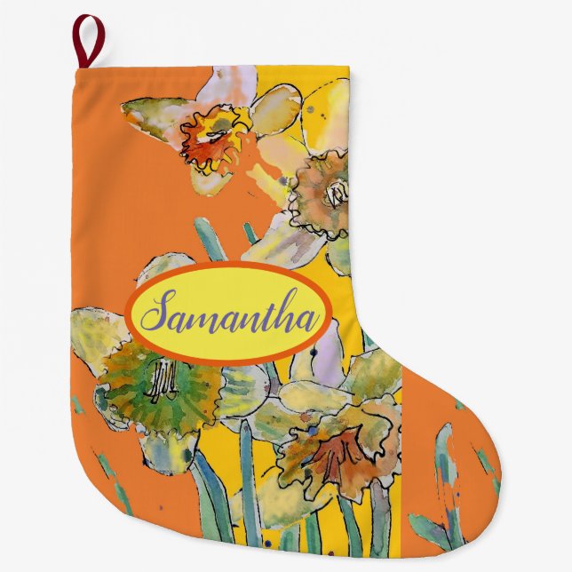 Orange Yellow Daffodil Floral Flowers Large  Christmas Stocking (Front)