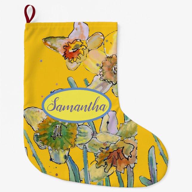 Orange Yellow Daffodil Floral Flowers Large  Large Large Christmas Stocking (Front)