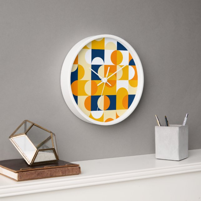 Orange Yellow Dark Navy Blue Retro Art Pattern Clock (Office)