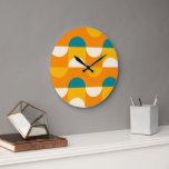 Orange Yellow Dark Teal Blue Green Retro Pattern Large Clock<br><div class="desc">Beautiful contemporary orange, coral red, mauve taupe and ivory cream coloured geometric circles and half circles pattern on a blush pink background. Elegant, stylish and eclectic minimalism design for the artistic interior designer, the artsy décor decorator, popular hip trendsetter, vintage retro art style or abstract digital geometric motif lover. Match...</div>