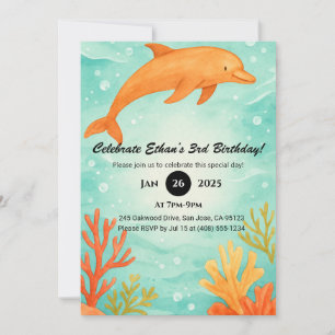 Orange-Yellow Dolphin & Coral Reef  Birthday  Invitation