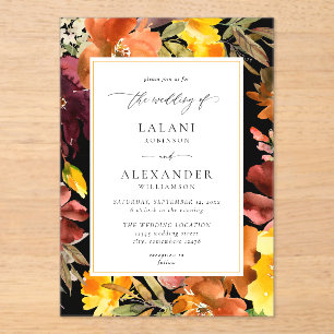 Orange & Yellow Fall Floral Wedding -3 Black Acrylic Invitations