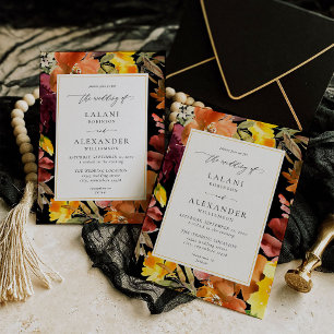 Orange & Yellow Fall Floral Wedding -3 Black Invitation