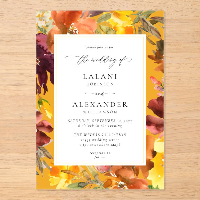Orange & Yellow Fall Floral Wedding -3 Gold Acrylic Invitations (Front)