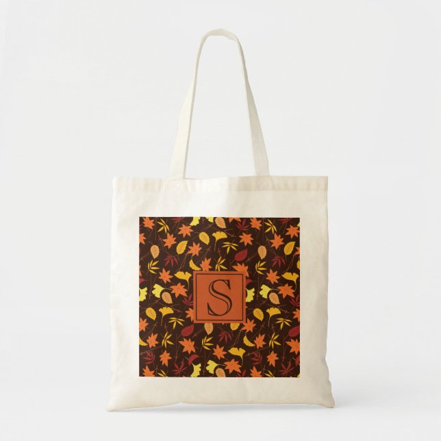 Orange Yellow Fall Leaves Monogram Tote Bag (Front)