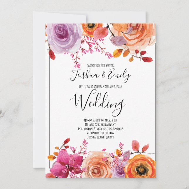 Orange Yellow Floral Autumn Fall Wedding Invitation (Front)