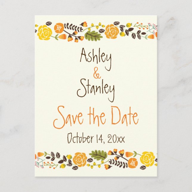 Orange, yellow floral border wedding Save the Date Announcement Postcard (Front)
