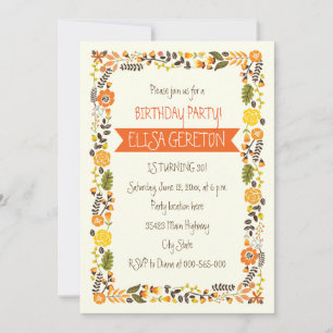 Orange, yellow floral border women birthday party invitation