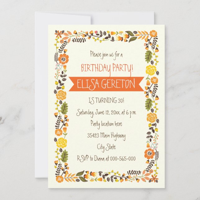 Orange, yellow floral border women birthday party invitation (Front)