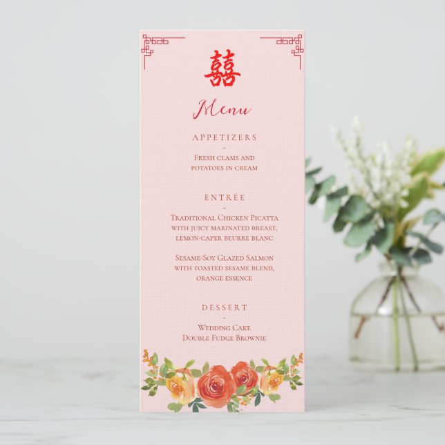 Orange yellow floral Chinese wedding banquet  Menu (Standing Front)