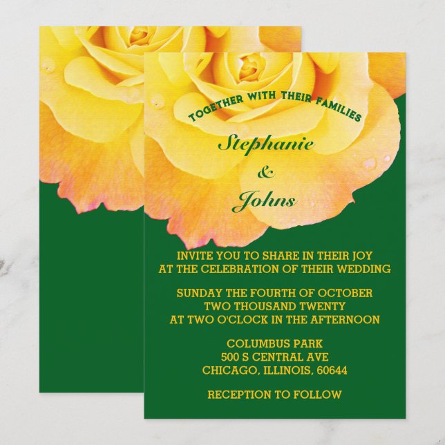 Orange Yellow Floral Forest Green Boho Wedding Invitation (Front/Back)