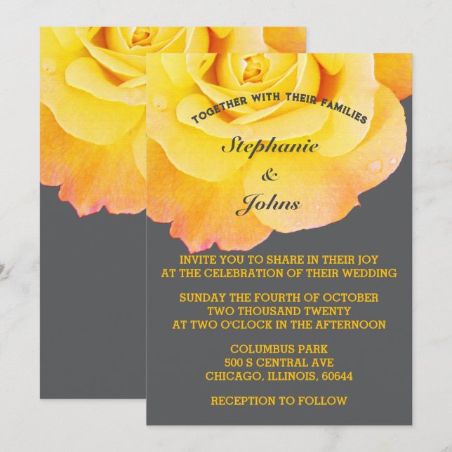 Orange Yellow Floral Grey Grey Cool Boho Wedding Invitation (Front/Back)