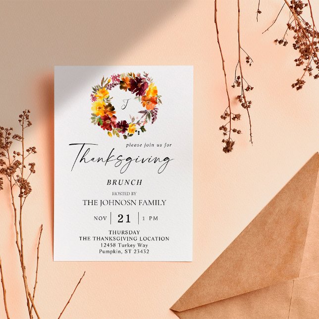 Orange & Yellow Floral Thanksgiving Wreath Invitation (Creator Uploaded)