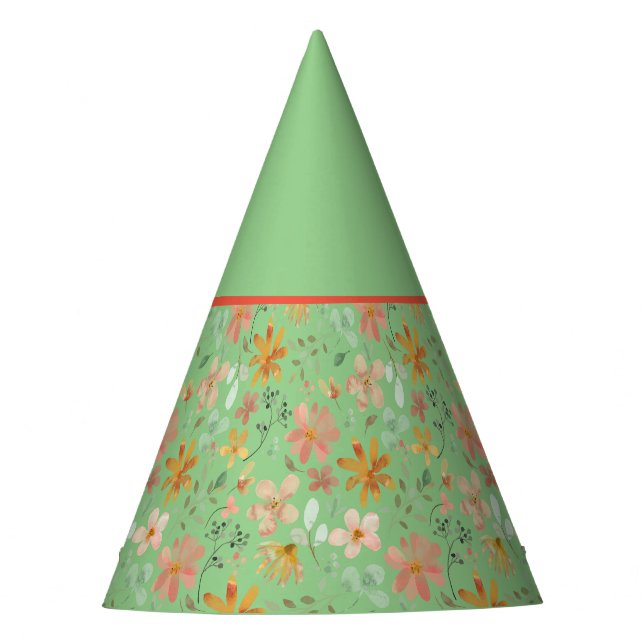Orange yellow flower thanksgiving green pattern  party hat (Front)