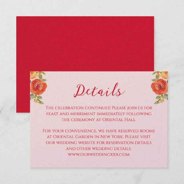 Orange yellow flowers Chinese wedding details Enclosure Card (Front/Back)