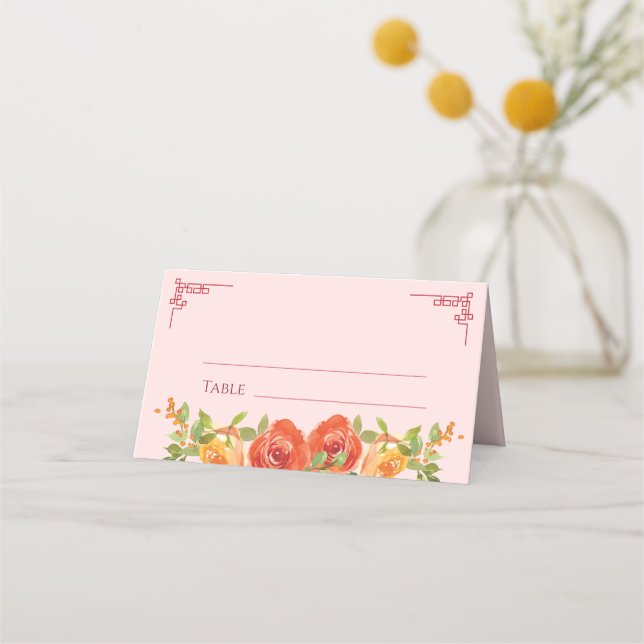 Orange yellow flowers Chinese wedding double xi Place Card (Front)