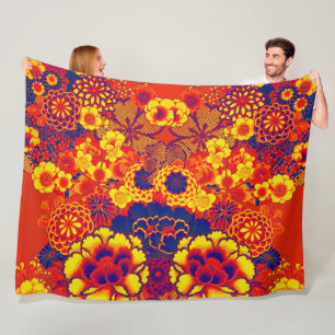 ORANGE YELLOW FLOWERS Peony,Roses Japanese Floral Fleece Blanket