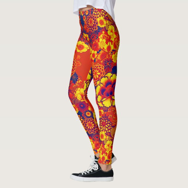 ORANGE YELLOW FLOWERS Peony,Roses Japanese Floral Leggings (Left)