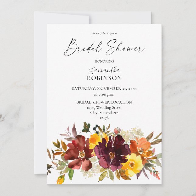 Orange & Yellow Gold Fall Floral Bridal Shower Invitation (Front)