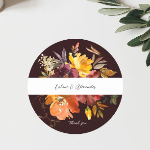 Orange & Yellow Gold Floral 2V2 Thank You Burgundy Classic Round Sticker