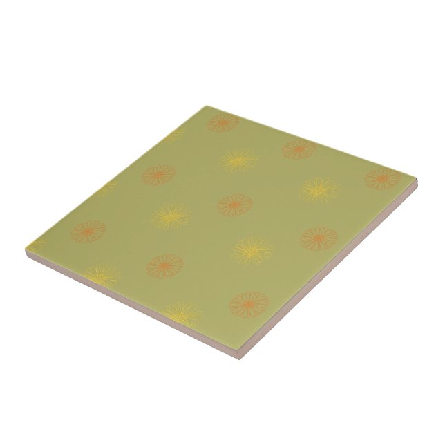Orange yellow gold floral pattern on fern green tile (Side)