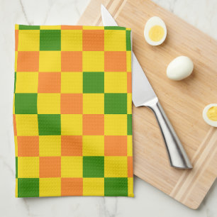 Orange Yellow Green Chequered Pattern Design Tea Towel