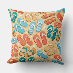 ORANGE YELLOW GREEN TEAL FLIP FLOPS & SURFBOARDS CUSHION