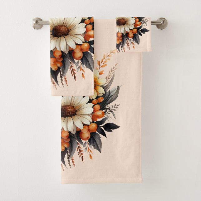 Orange Yellow Grey Flower Bouquet Bath Towel Set (Insitu)